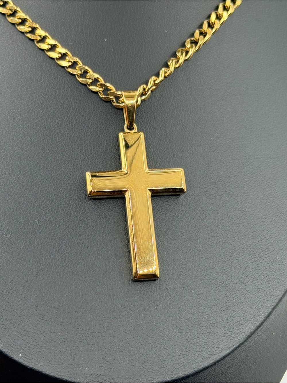 Mens Gold Stainless Steel Cross Pendant With 24" Curb Chain